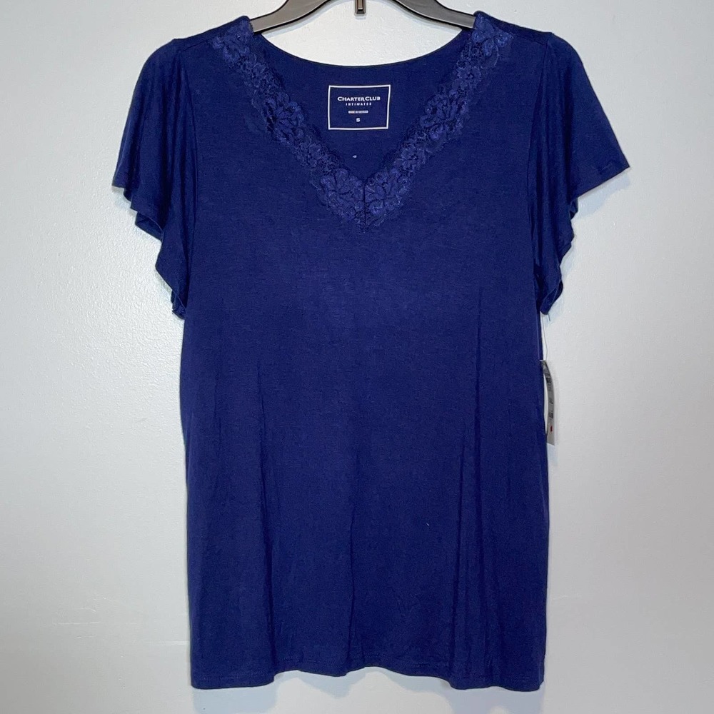 Charter Club Lace-Trim Printed Pajama top(top only) Navy Small